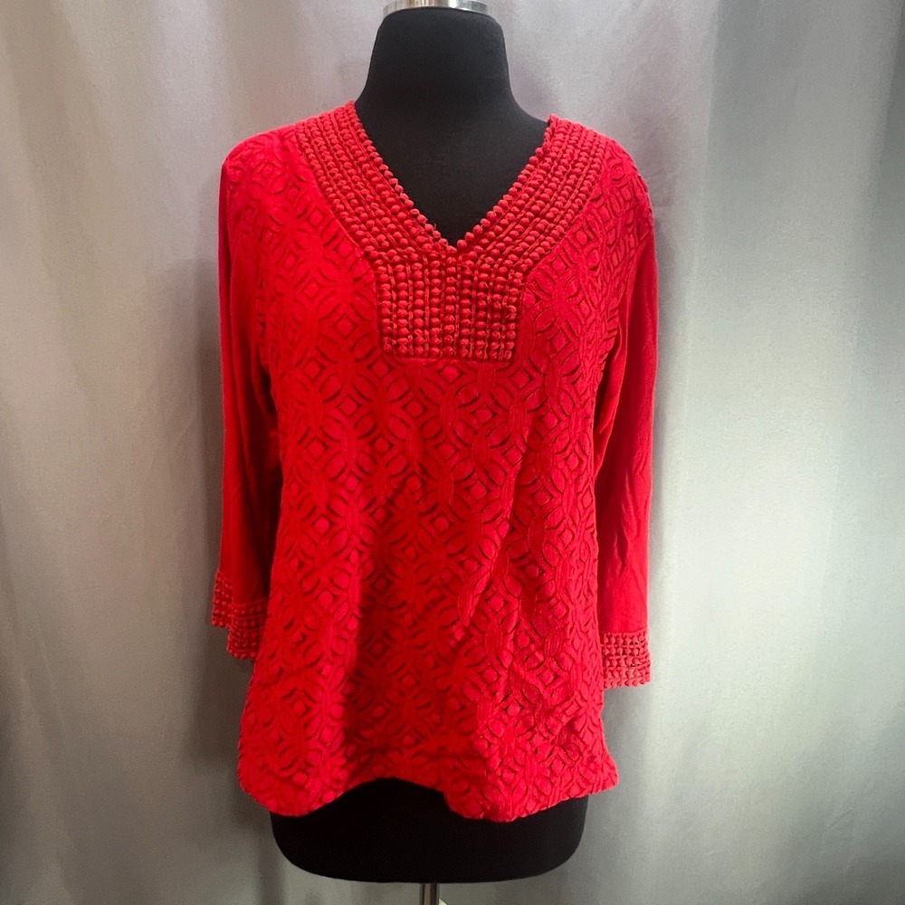 Shannon‎ Ford New York Tunic Top Womens XL Red Crochet Lace Detail 3/4 Sleeve